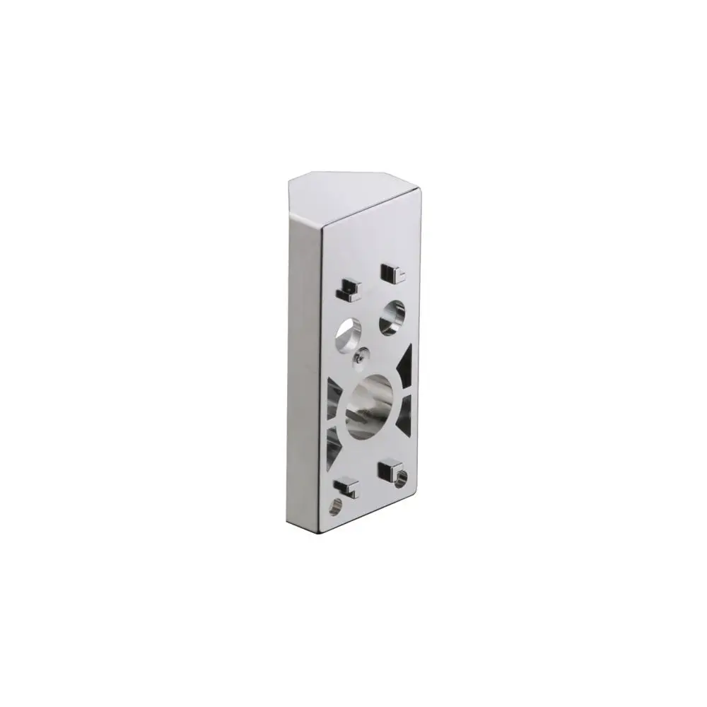 Eckmontageset aus Metall mit verschiedenen Öffnungen und Befestigungsmöglichkeiten, hergestellt von AXOR. Oberfläche in glänzendem Finish.